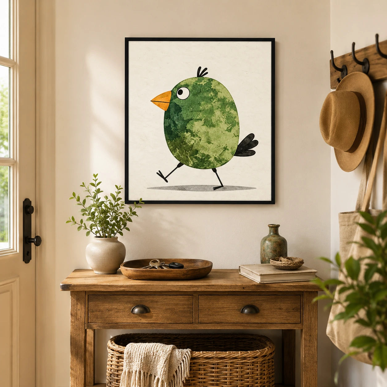 Cute Green Bird Watercolor Whimsical Canvas Wall Art