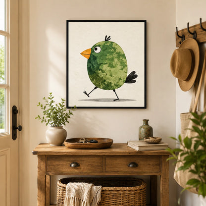 Cute Green Bird Watercolor Whimsical Canvas Wall Art