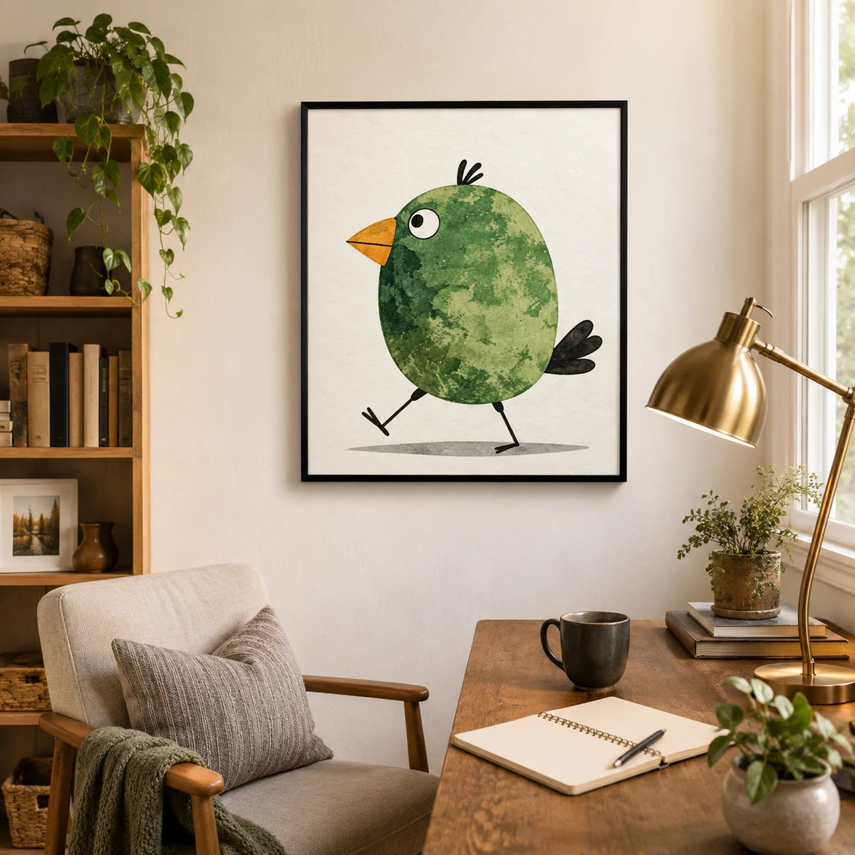 Cute Green Bird Watercolor Whimsical Canvas Wall Art
