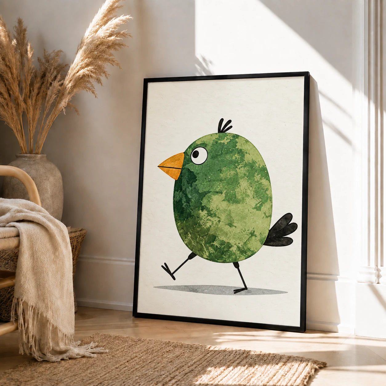 Cute Green Bird Watercolor Whimsical Canvas Wall Art