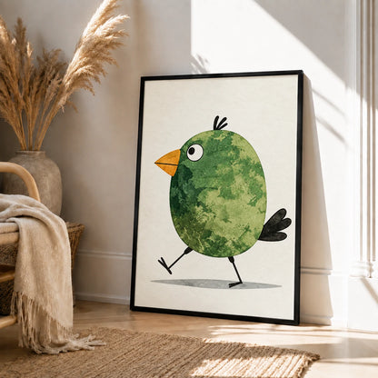 Cute Green Bird Watercolor Whimsical Canvas Wall Art