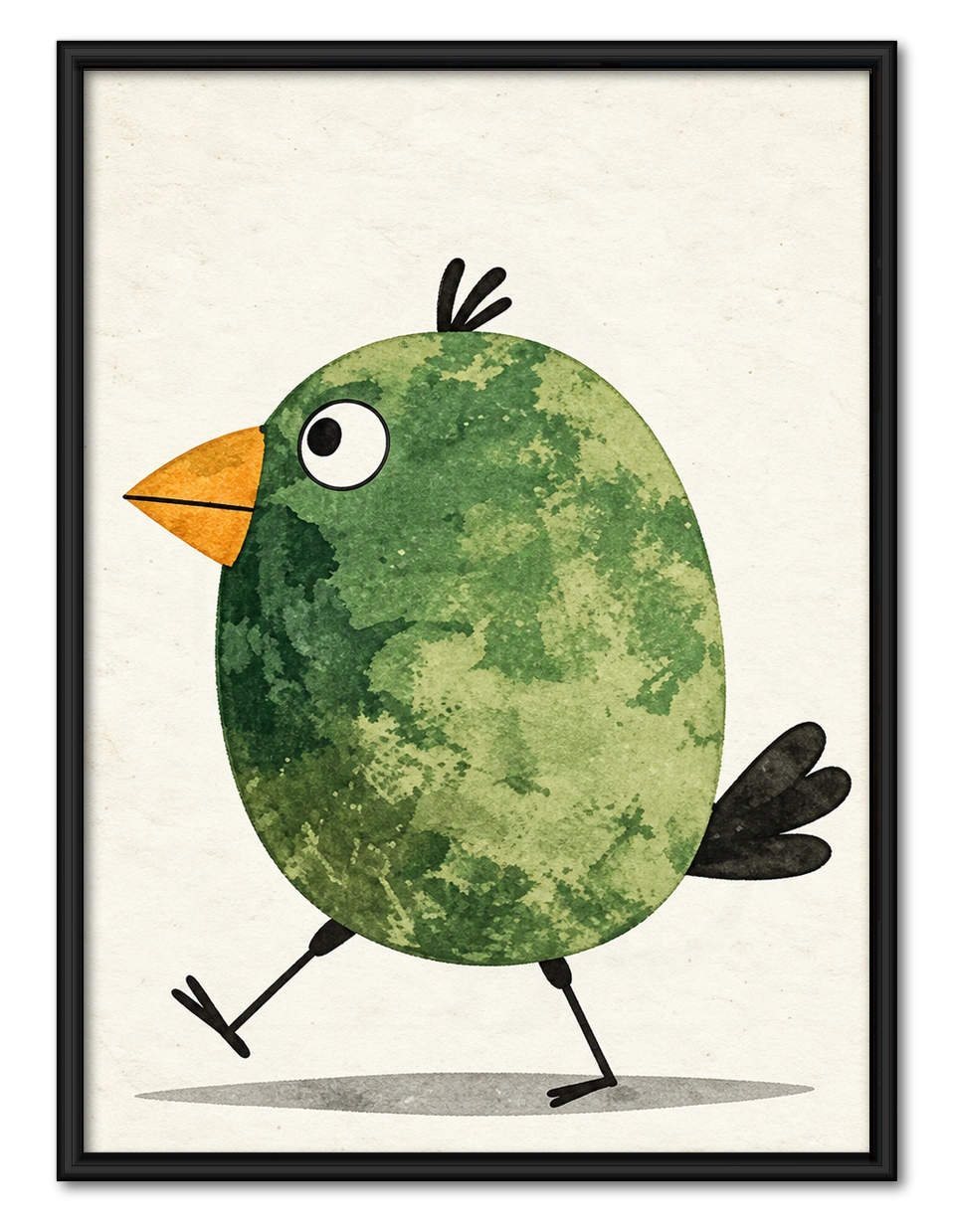 Cute Green Bird Watercolor Whimsical Canvas Wall Art