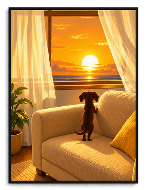 Dachshund Watching Sunset Window Canvas Wall Art