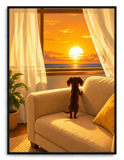 Dachshund Watching Sunset Window Canvas Wall Art