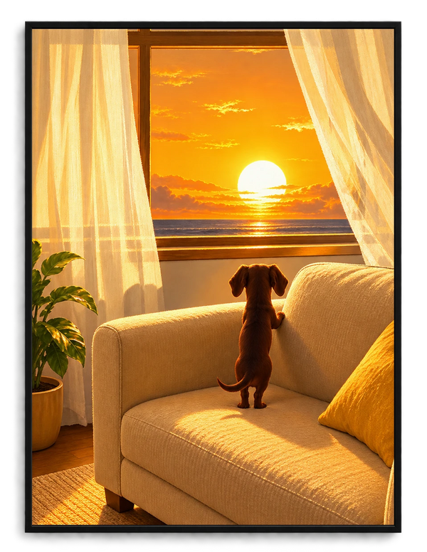 Dachshund Watching Sunset Window Canvas Wall Art