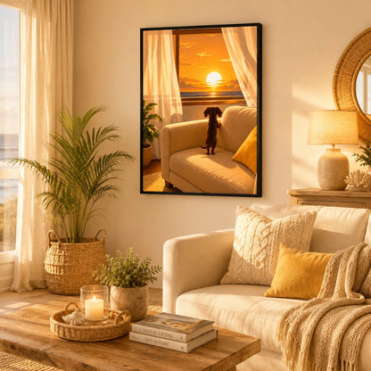 Dachshund Watching Sunset Window Canvas Wall Art