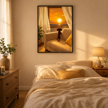 Dachshund Watching Sunset Window Canvas Wall Art