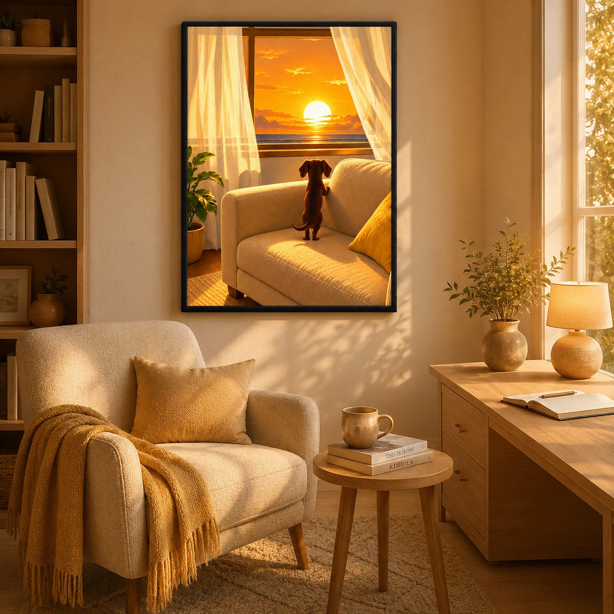 Dachshund Watching Sunset Window Canvas Wall Art
