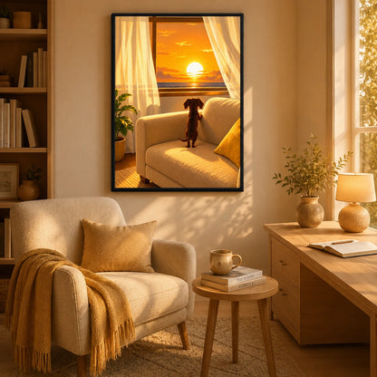 Dachshund Watching Sunset Window Canvas Wall Art