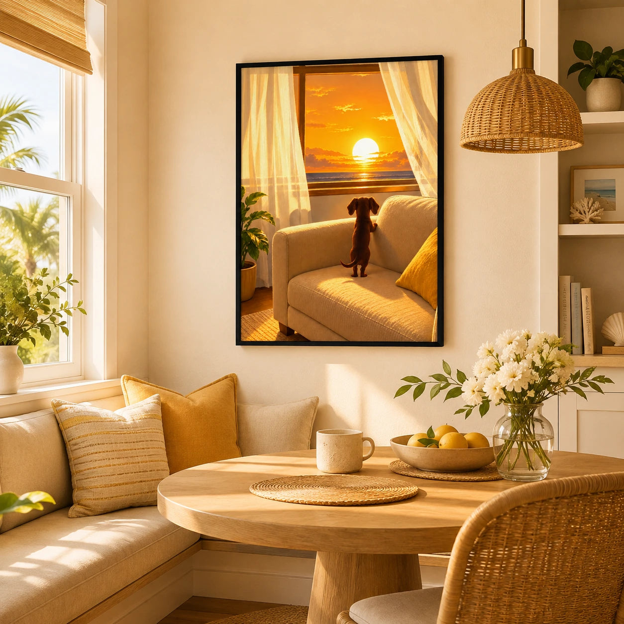 Dachshund Watching Sunset Window Canvas Wall Art