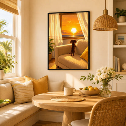 Dachshund Watching Sunset Window Canvas Wall Art