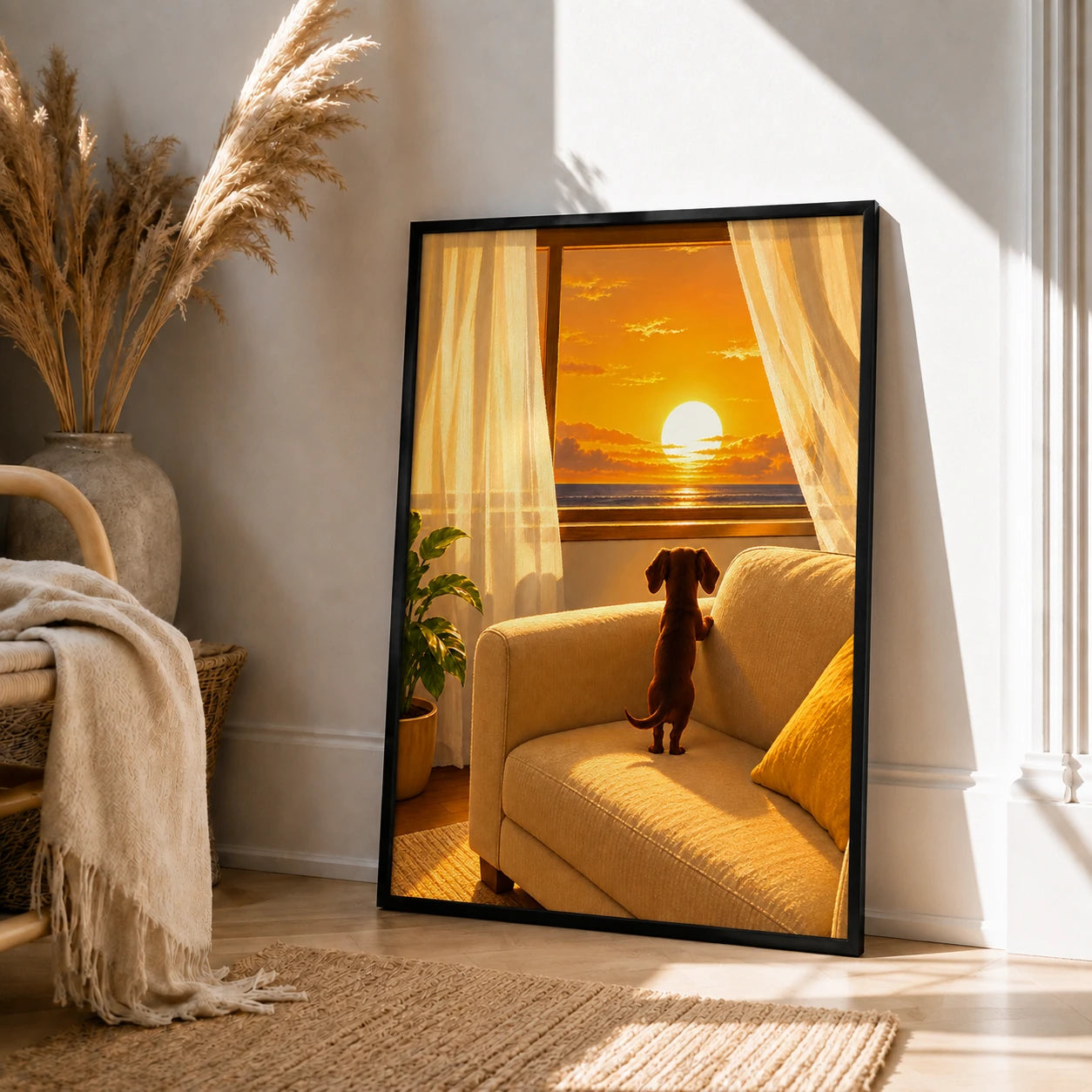 Dachshund Watching Sunset Window Canvas Wall Art