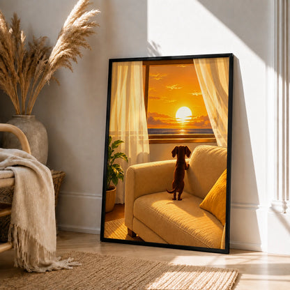 Dachshund Watching Sunset Window Canvas Wall Art