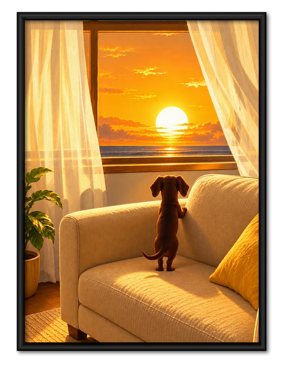 Dachshund Watching Sunset Window Canvas Wall Art