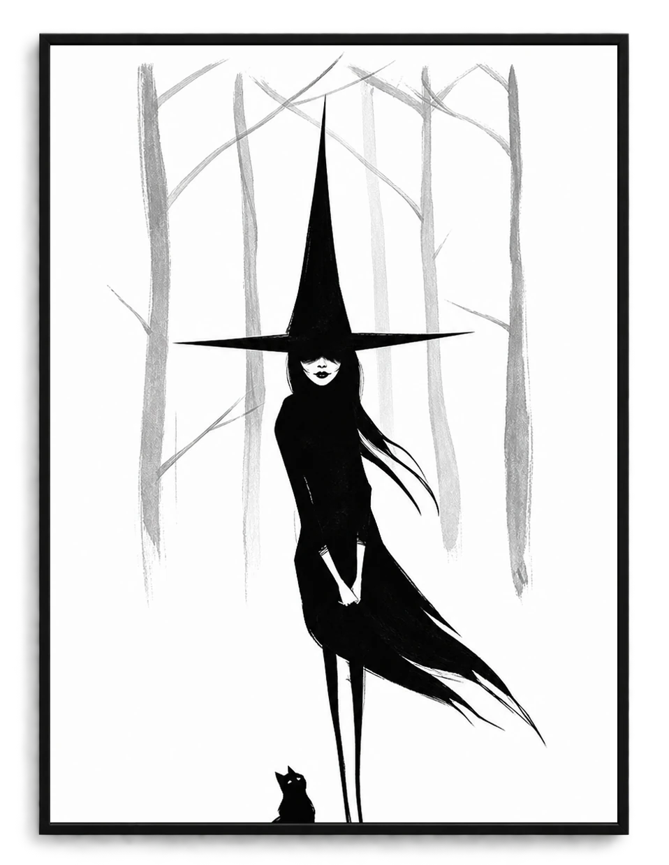 Dark Witch Black Cat Minimalist Canvas Wall Art