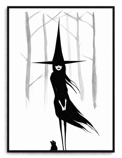 Dark Witch Black Cat Minimalist Canvas Wall Art