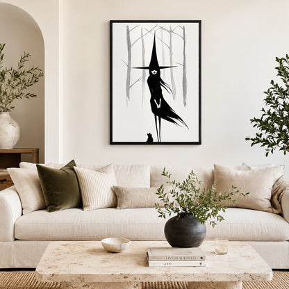 Dark Witch Black Cat Minimalist Canvas Wall Art