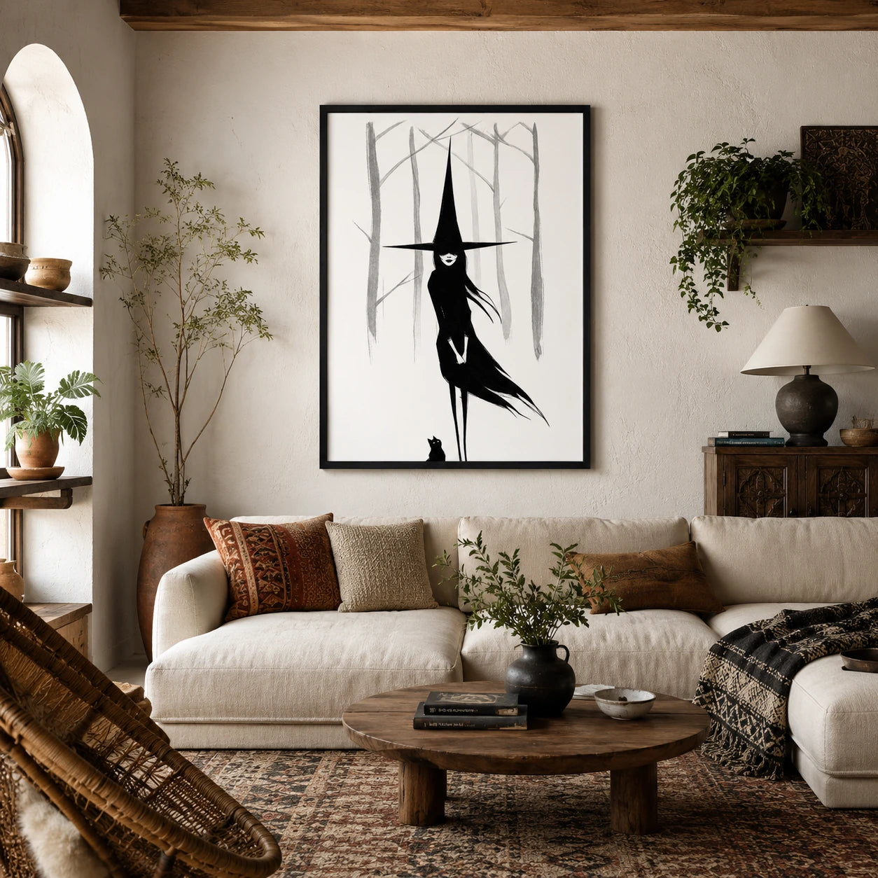 Dark Witch Black Cat Minimalist Canvas Wall Art