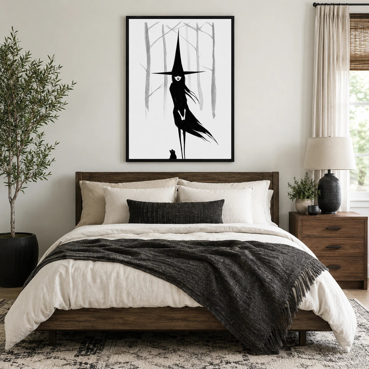 Dark Witch Black Cat Minimalist Canvas Wall Art