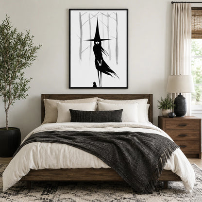 Dark Witch Black Cat Minimalist Canvas Wall Art