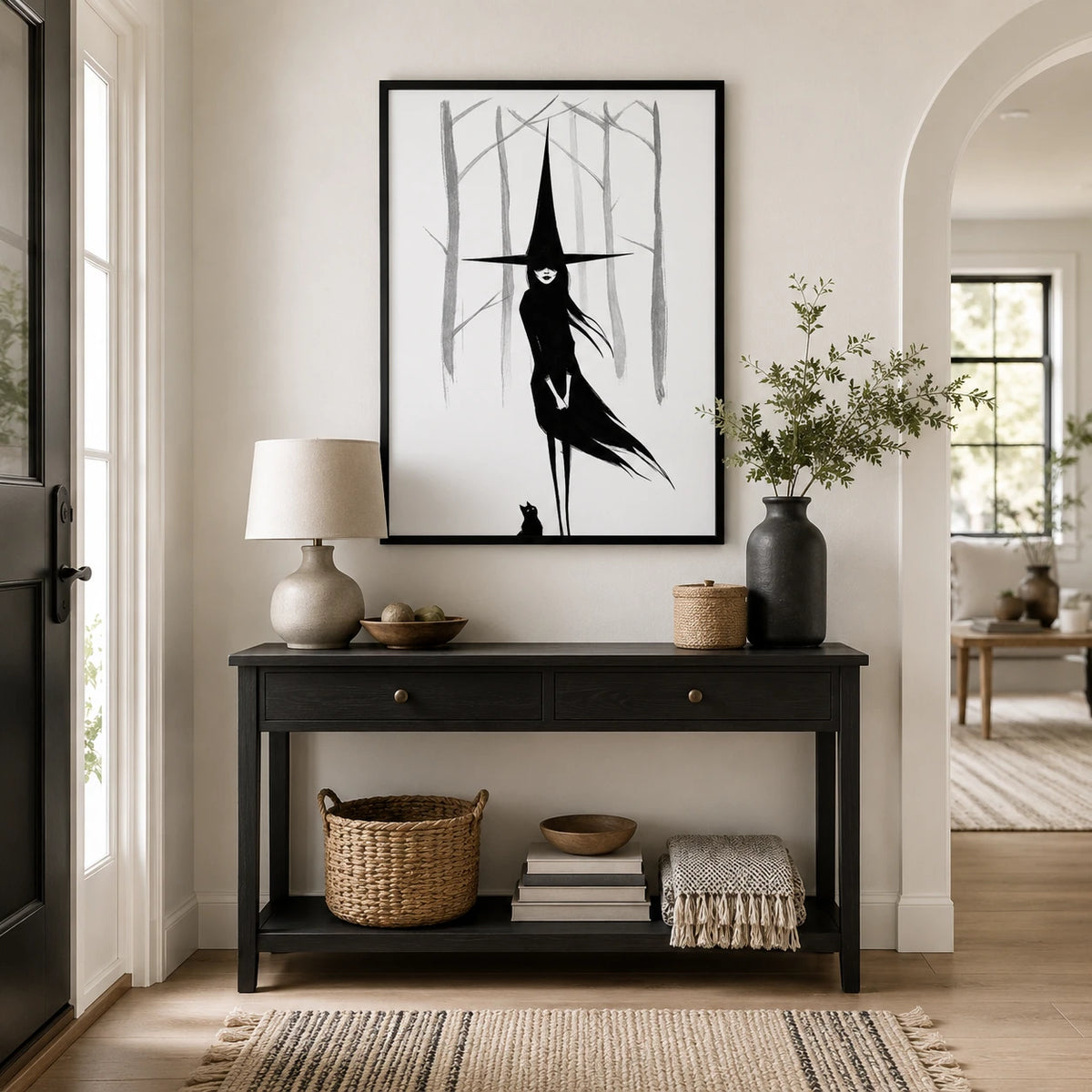 Dark Witch Black Cat Minimalist Canvas Wall Art
