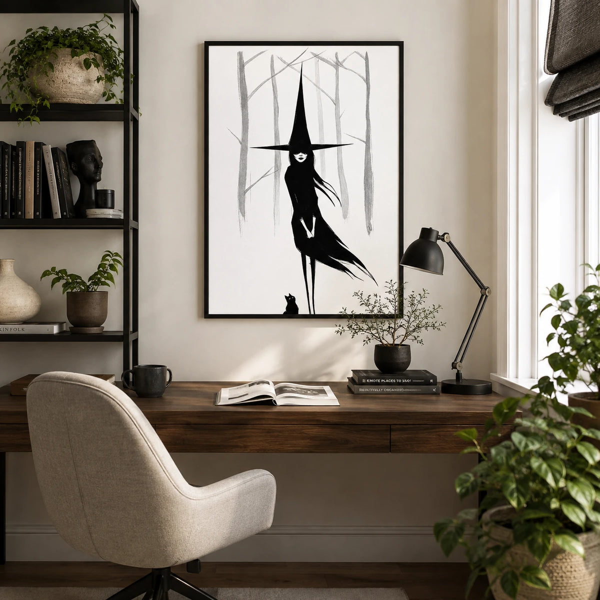 Dark Witch Black Cat Minimalist Canvas Wall Art