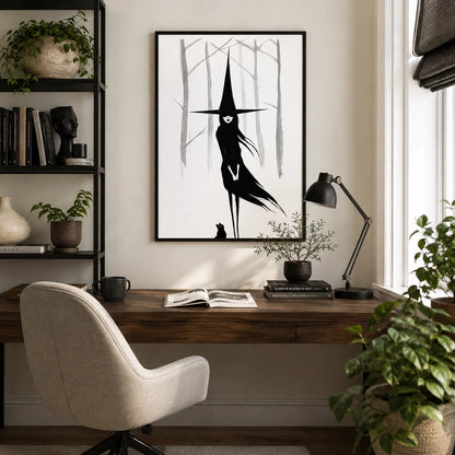 Dark Witch Black Cat Minimalist Canvas Wall Art
