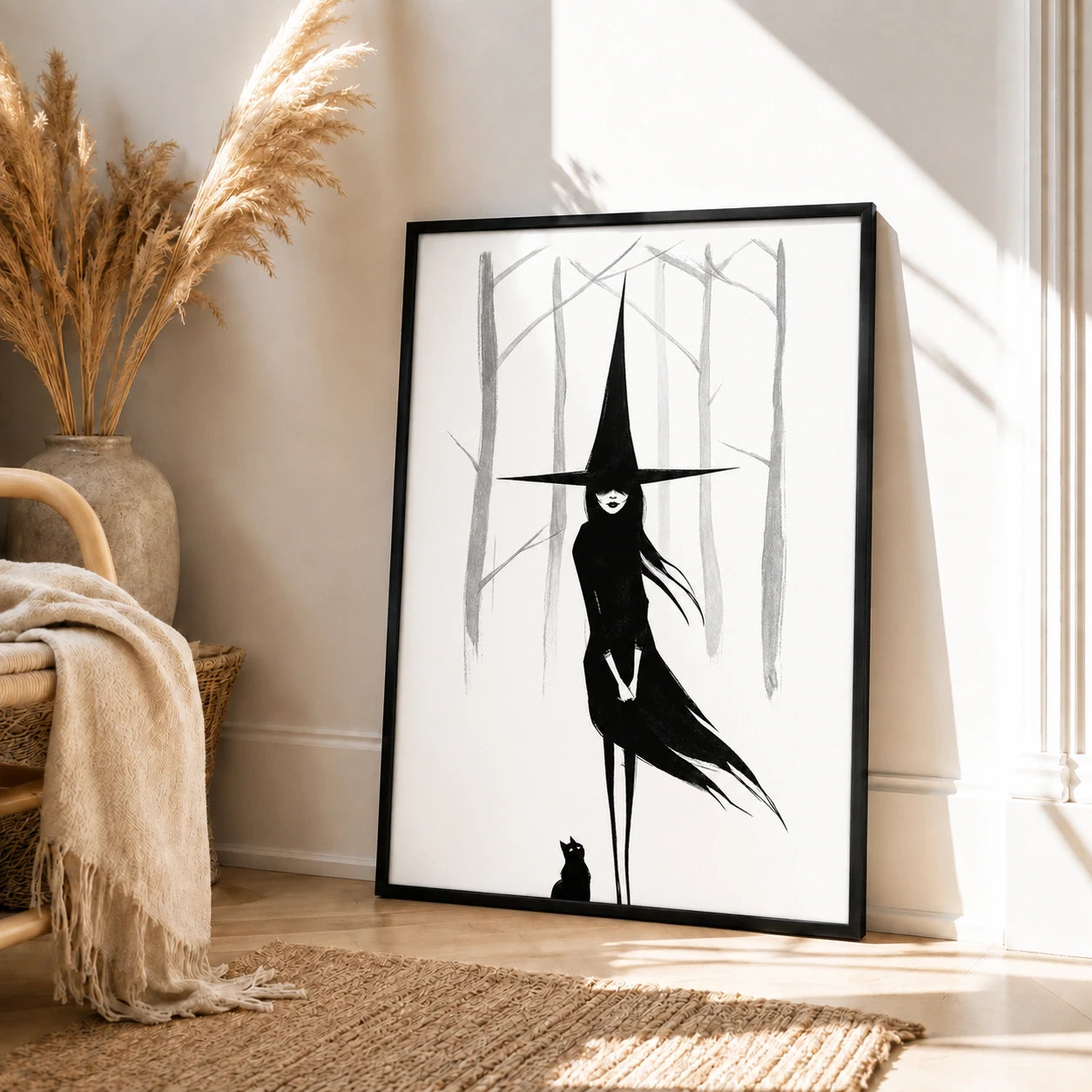 Dark Witch Black Cat Minimalist Canvas Wall Art