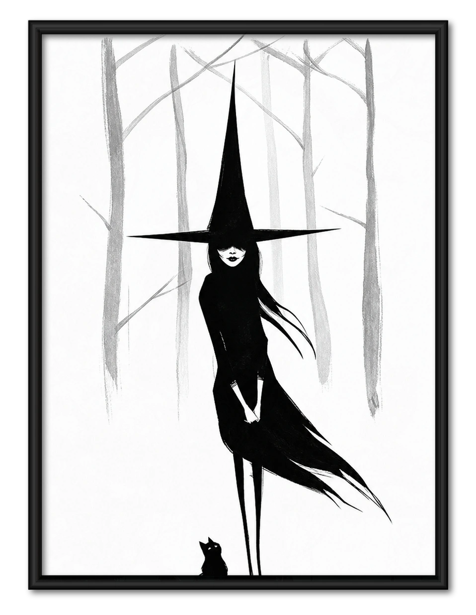 Dark Witch Black Cat Minimalist Canvas Wall Art
