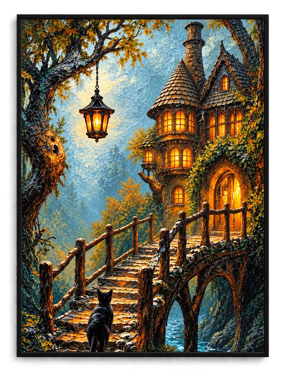 Fantasy Cat Enchanted Cottage Canvas Wall Art