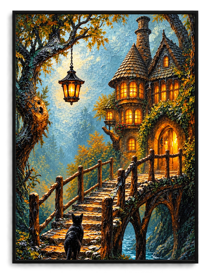Fantasy Cat Enchanted Cottage Canvas Wall Art