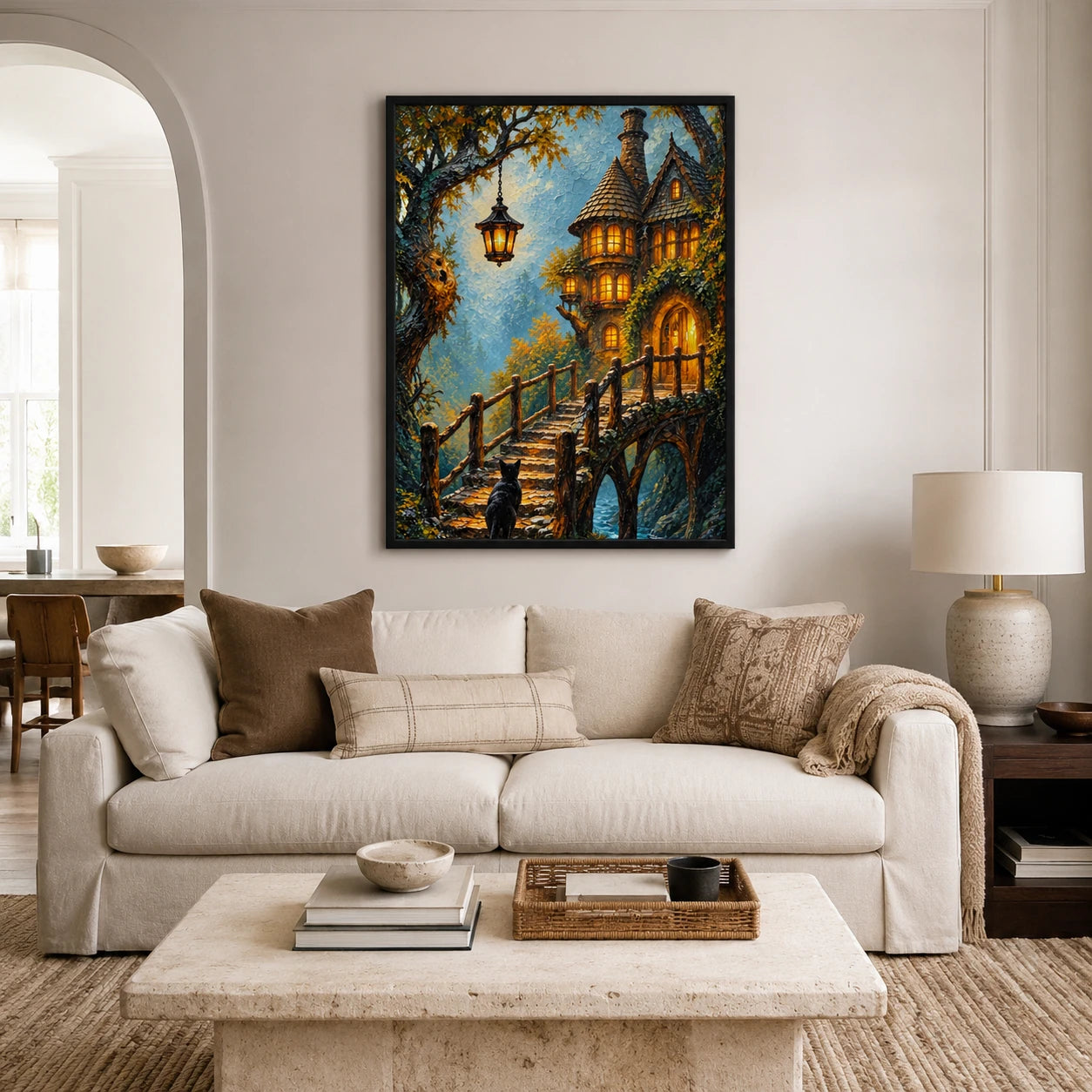 Fantasy Cat Enchanted Cottage Canvas Wall Art