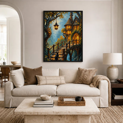 Fantasy Cat Enchanted Cottage Canvas Wall Art
