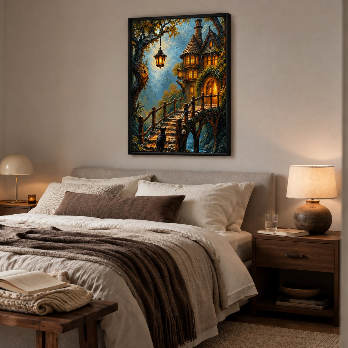 Fantasy Cat Enchanted Cottage Canvas Wall Art
