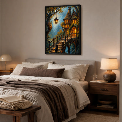 Fantasy Cat Enchanted Cottage Canvas Wall Art