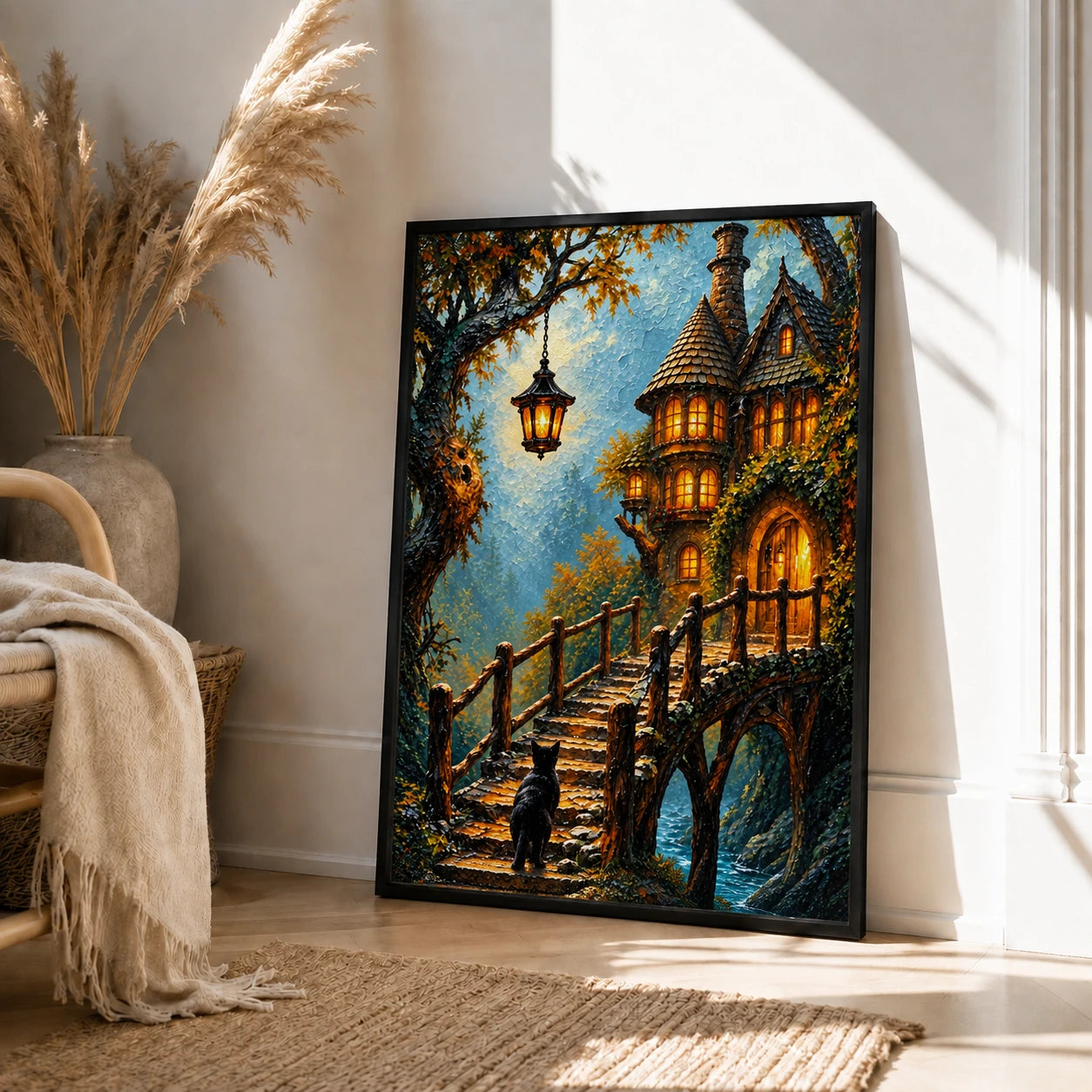 Fantasy Cat Enchanted Cottage Canvas Wall Art