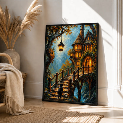 Fantasy Cat Enchanted Cottage Canvas Wall Art