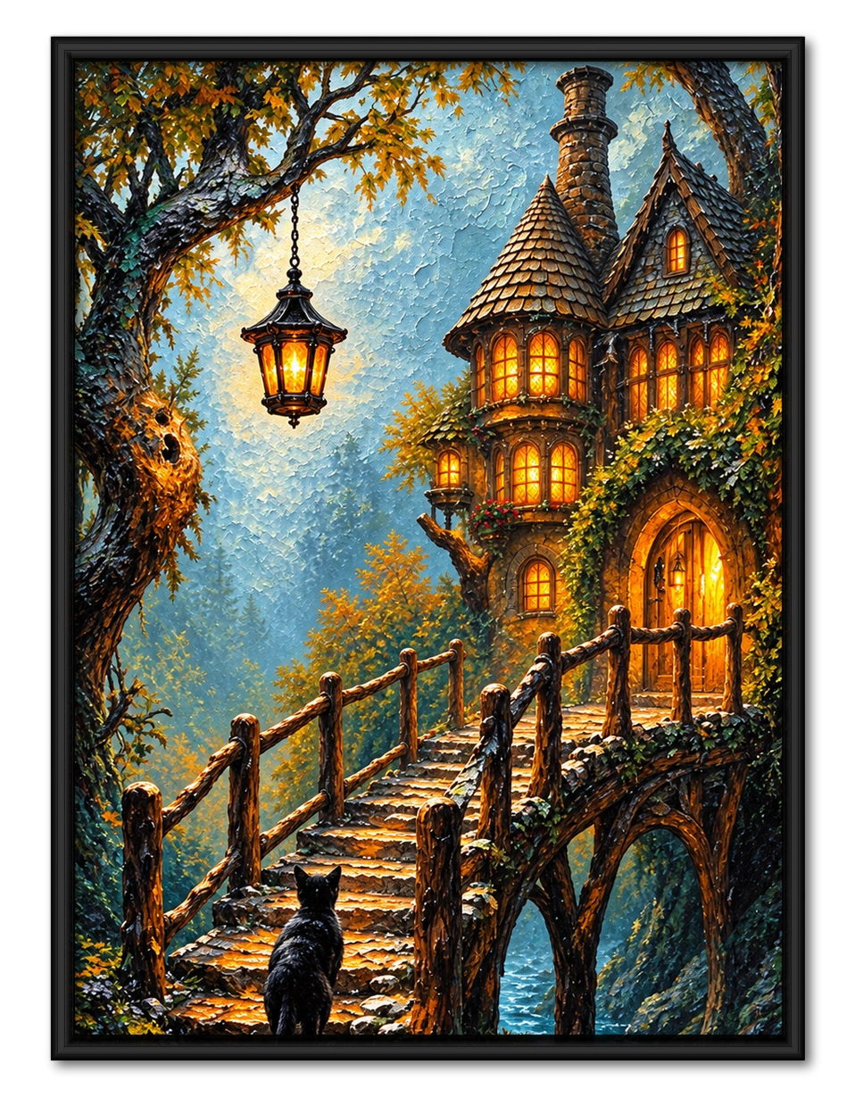 Fantasy Cat Enchanted Cottage Canvas Wall Art