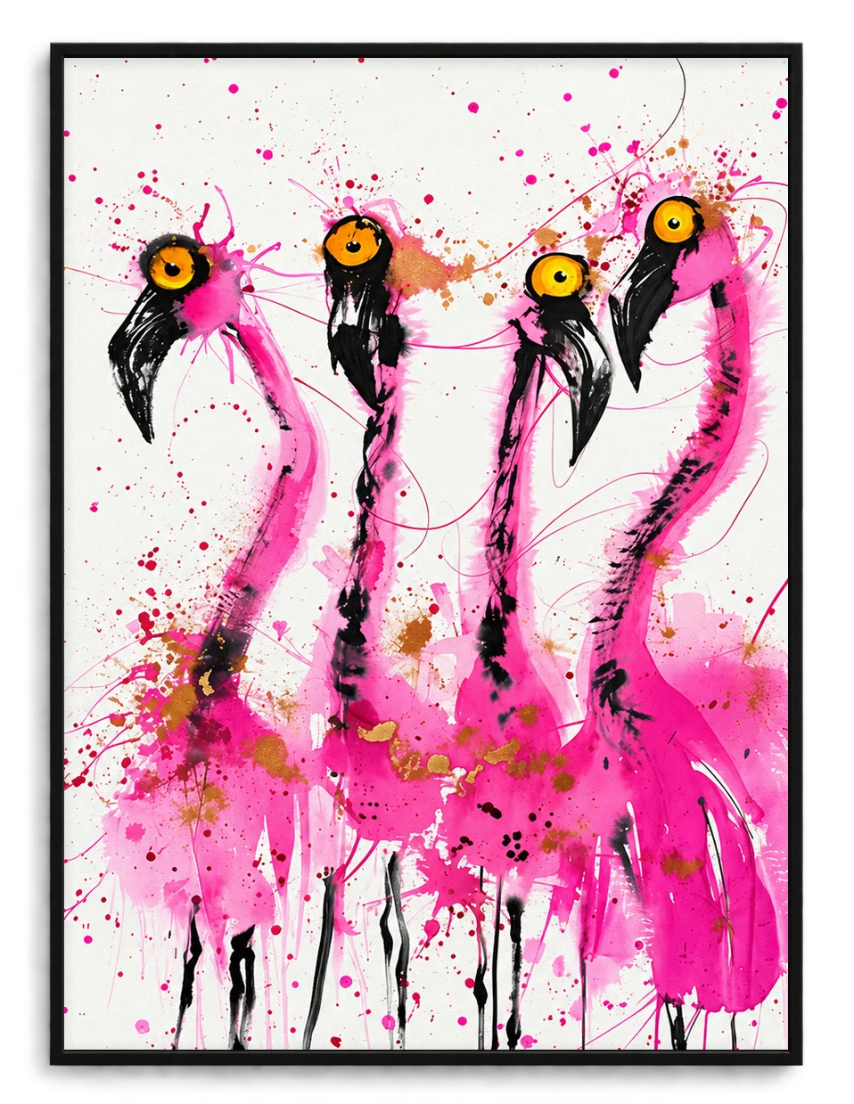 Four Wild Flamingos Wall Art – Expressive Ink Splatter Canvas Print on Natural