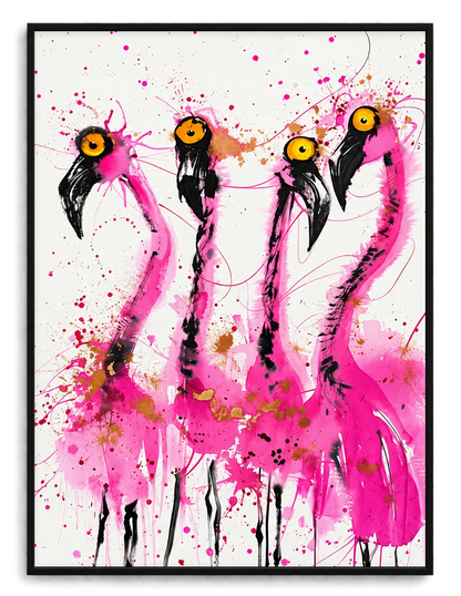 Four Wild Flamingos Wall Art – Expressive Ink Splatter Canvas Print on Natural