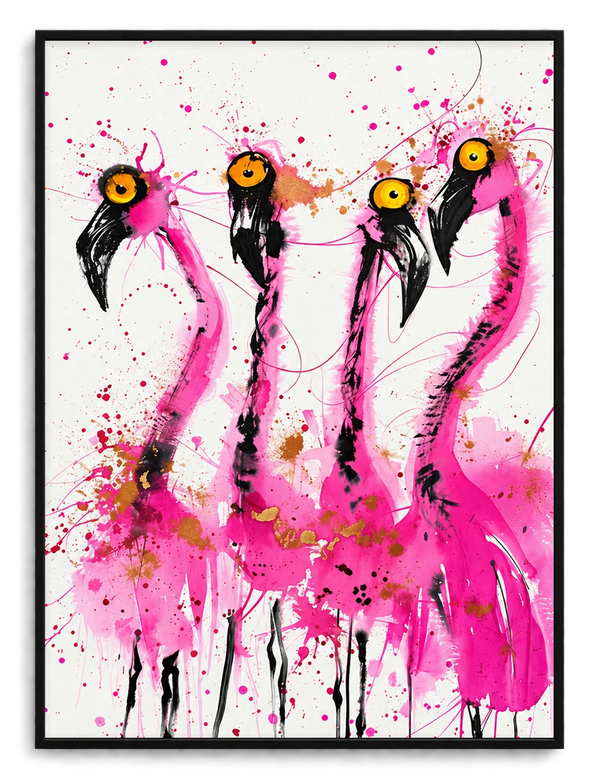 Four Wild Flamingos Wall Art – Expressive Ink Splatter Canvas Print on Natural