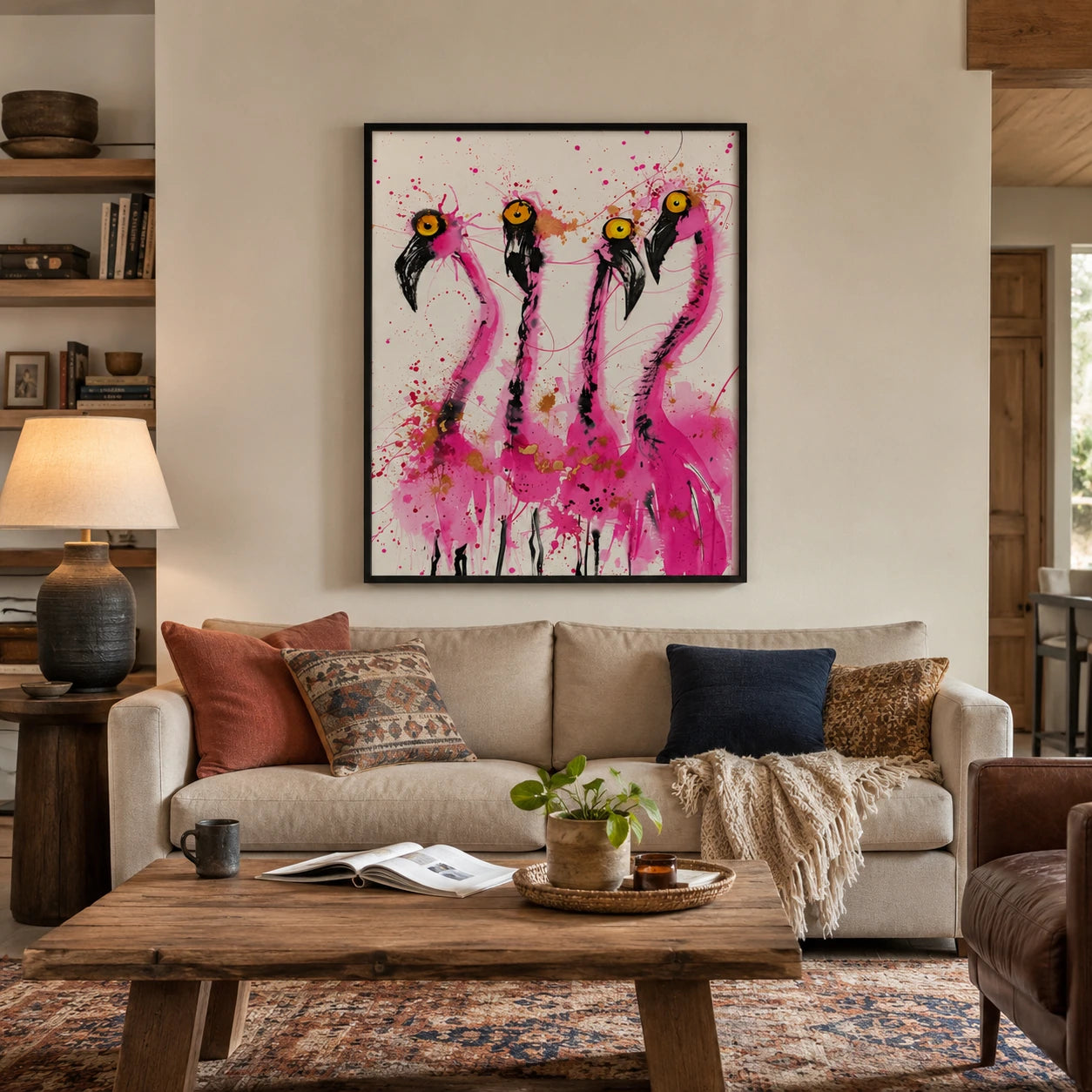 Four Wild Flamingos Wall Art – Expressive Ink Splatter Canvas Print on Natural