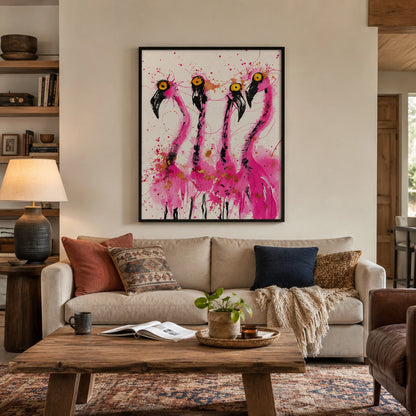 Four Wild Flamingos Wall Art – Expressive Ink Splatter Canvas Print on Natural