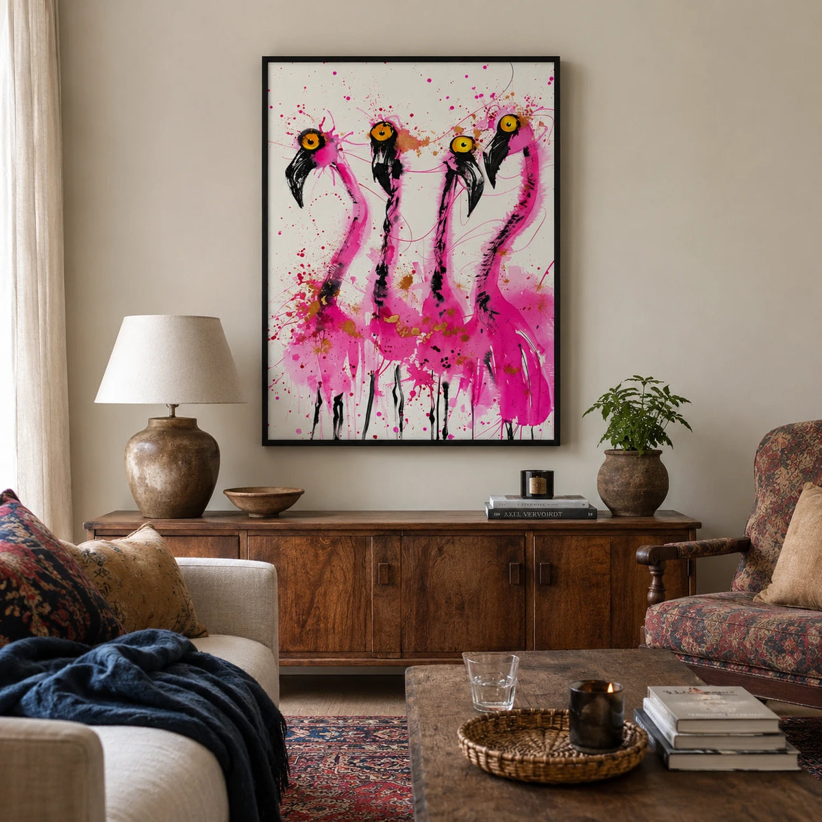 Four Wild Flamingos Wall Art – Expressive Ink Splatter Canvas Print on Natural
