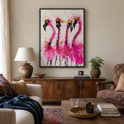 Four Wild Flamingos Wall Art – Expressive Ink Splatter Canvas Print on Natural