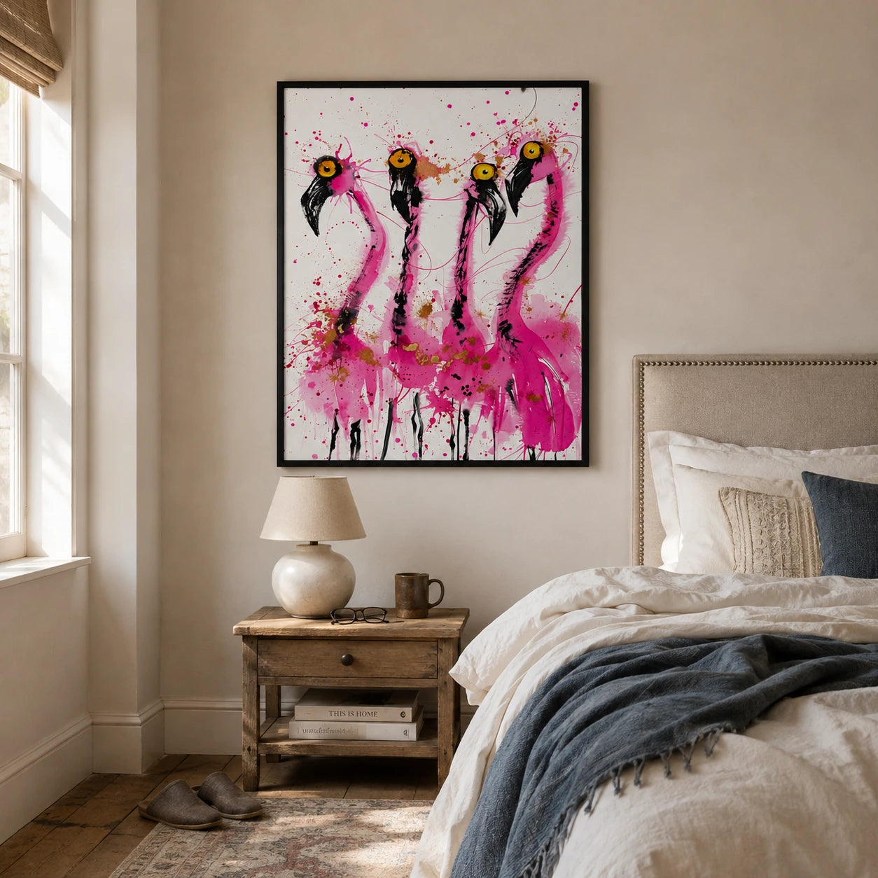 Four Wild Flamingos Wall Art – Expressive Ink Splatter Canvas Print on Natural