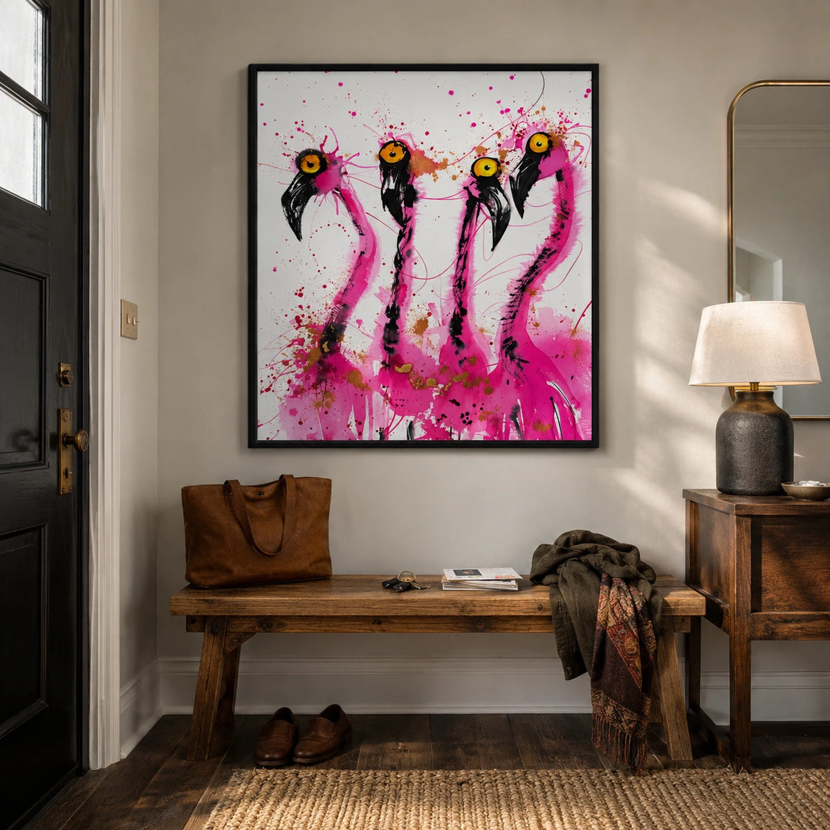 Four Wild Flamingos Wall Art – Expressive Ink Splatter Canvas Print on Natural