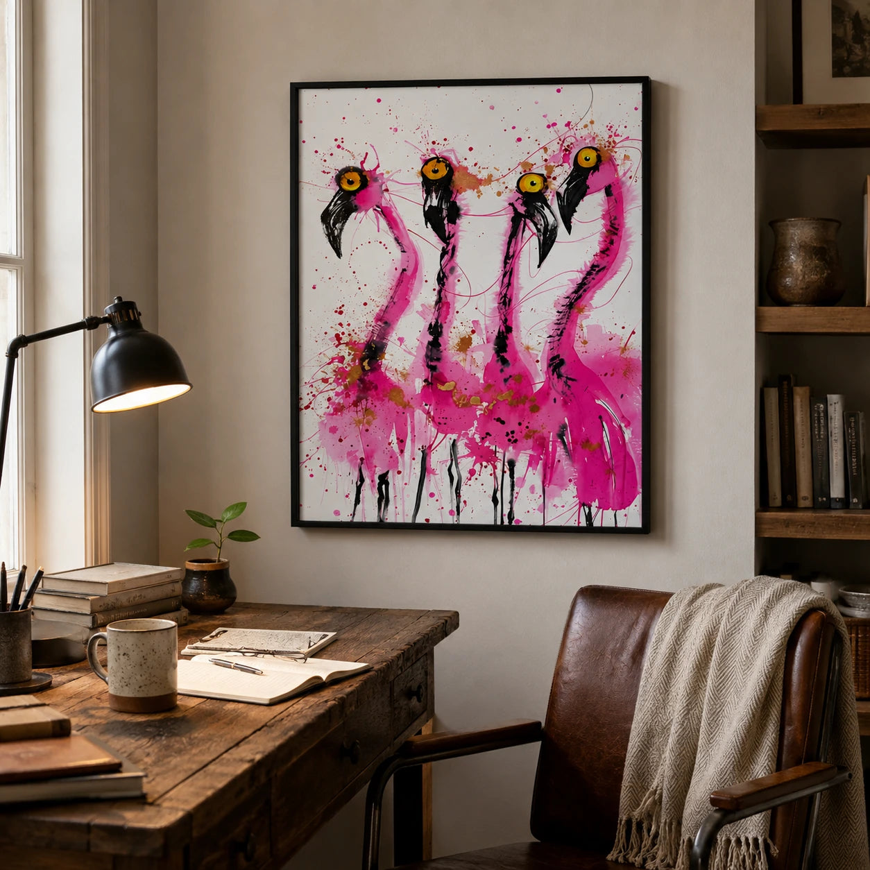 Four Wild Flamingos Wall Art – Expressive Ink Splatter Canvas Print on Natural