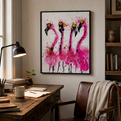 Four Wild Flamingos Wall Art – Expressive Ink Splatter Canvas Print on Natural