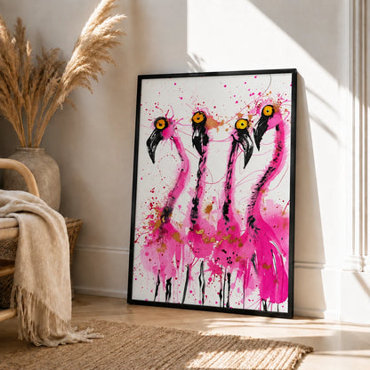 Four Wild Flamingos Wall Art – Expressive Ink Splatter Canvas Print on Natural